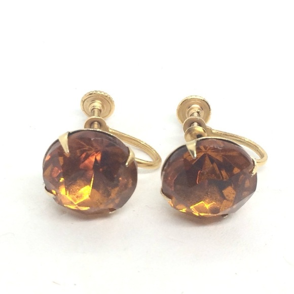 3/$30 VINTAGE AMBER COLOR GLASS SCREWBACK EARRINGS GOLD TONE CLIP RHINESTONE - Picture 8 of 16